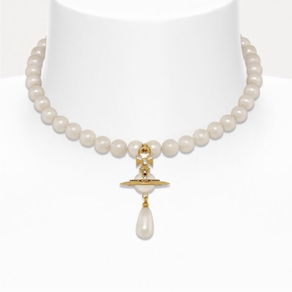 Vivienne Westwood One Row Pearl Drop Choker Gold 168$